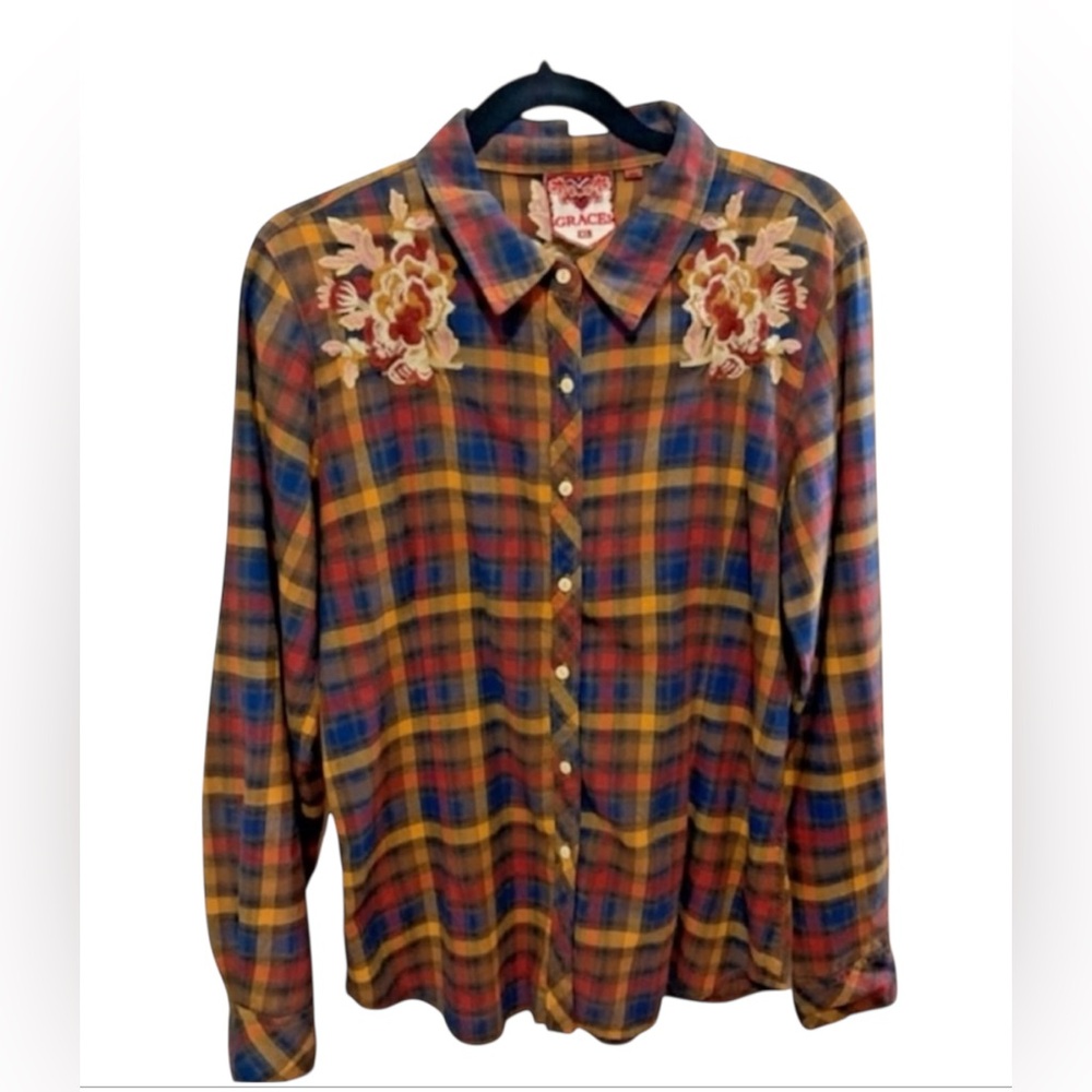 Grace in LA plaid Floral embroidered flannel button down Size XL large